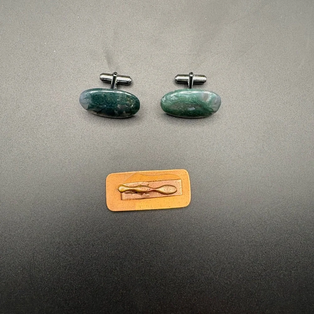Vintage Moss Agate Style Cufflinks Art Glass Tie Bar Mens Jewelry Lot Retro